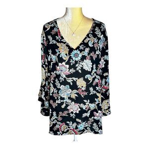 Sami & Jo Plus Black Floral Print Top Size 3X Bell Sleeves Loose Fit Popover